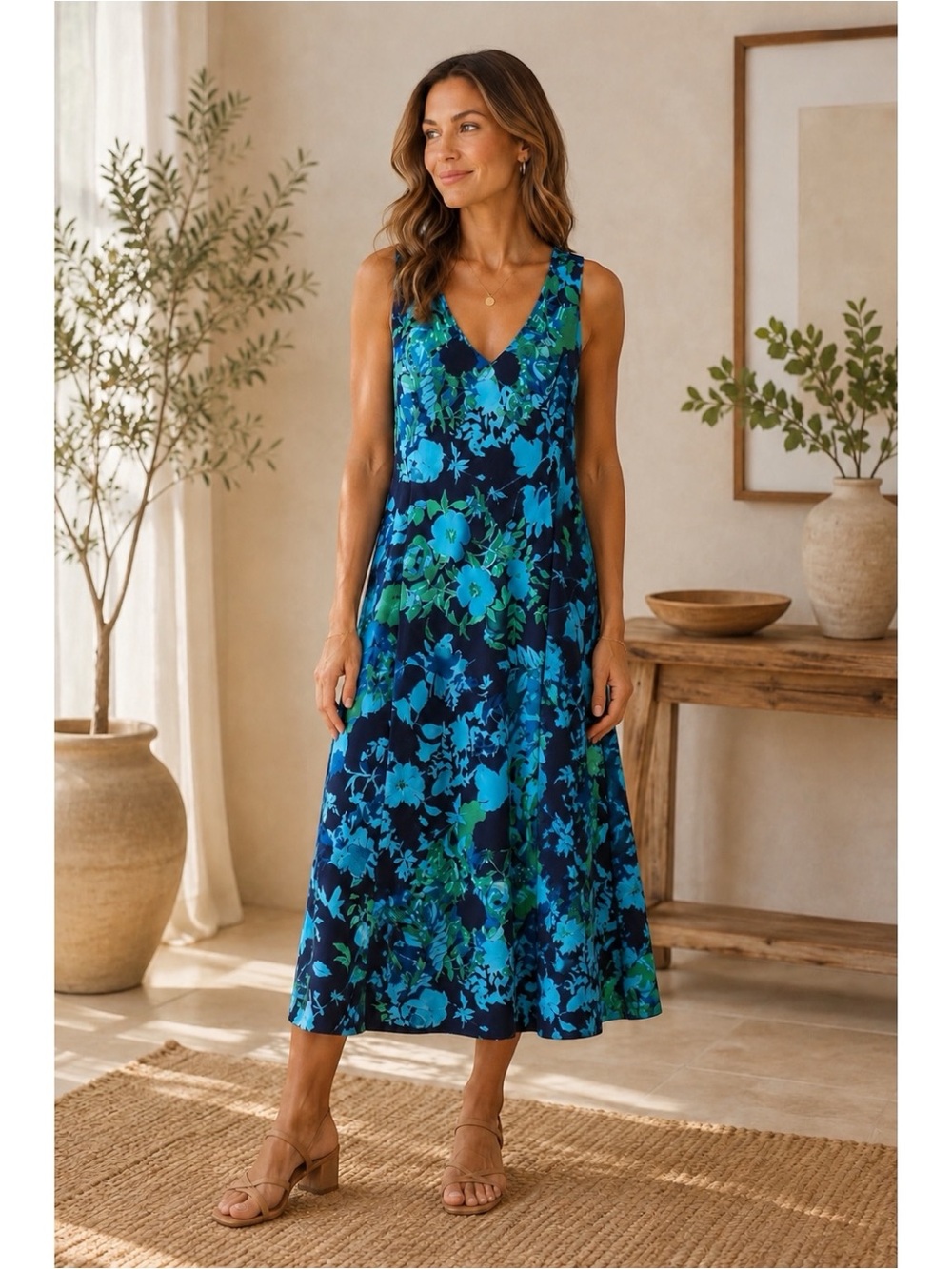 Anne Klein Women’s Sleeveless V-Neck Blue & Green Floral Wedding Dress Size 14